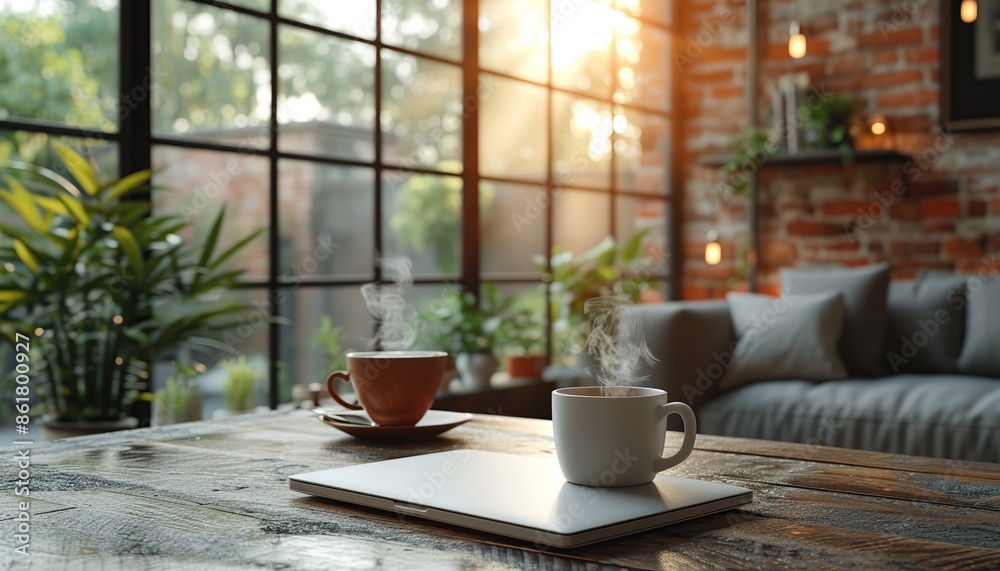 A modern steamed coffee cup stands on the table in front of the window in the coffee shop A modern steamed coffee cup stands on the table in front of the window in the coffee shop