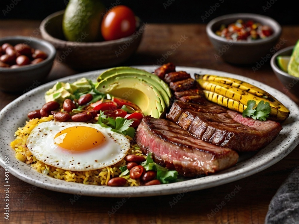 Delicious Colombian food. Bandeja paisa, typical dish at the Antioquia region of Colombia, beans, avocado egg, and rice Delicious Colombian food. Bandeja paisa, typical dish at the Antioquia region of Colombia, beans, avocado egg, and rice