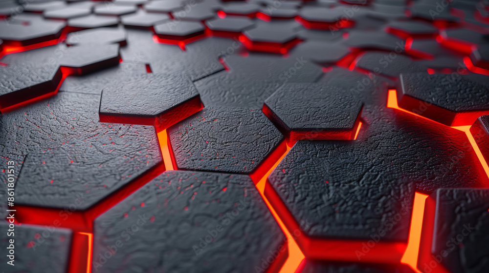 close-up of black hexagonal tiles with glowing red edges, creating a futuristic and high-tech aesthetic. The tiles are interconnected, forming a complex pattern close-up of black hexagonal tiles with glowing red edges, creating a futuristic and high-tech aesthetic. The tiles are interconnected, forming a complex pattern