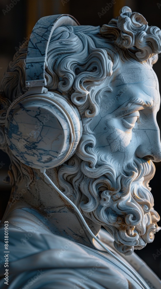 A statue of a man with headphones on
