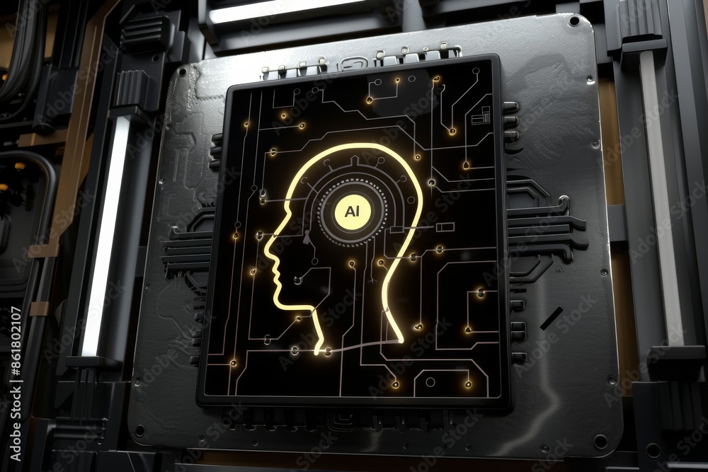 Black and Gold AI Circuit Board Design with Glowing Elements Highlighting Technological Innovation Black and Gold AI Circuit Board Design with Glowing Elements Highlighting Technological Innovation