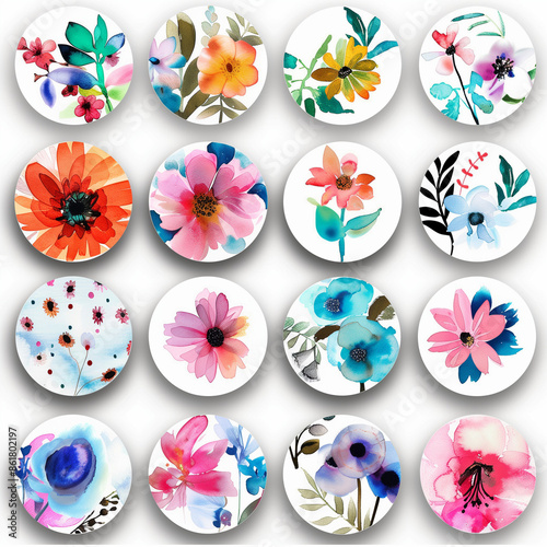 Whimsical Floral Watercolor Stickers Collection (No Background)