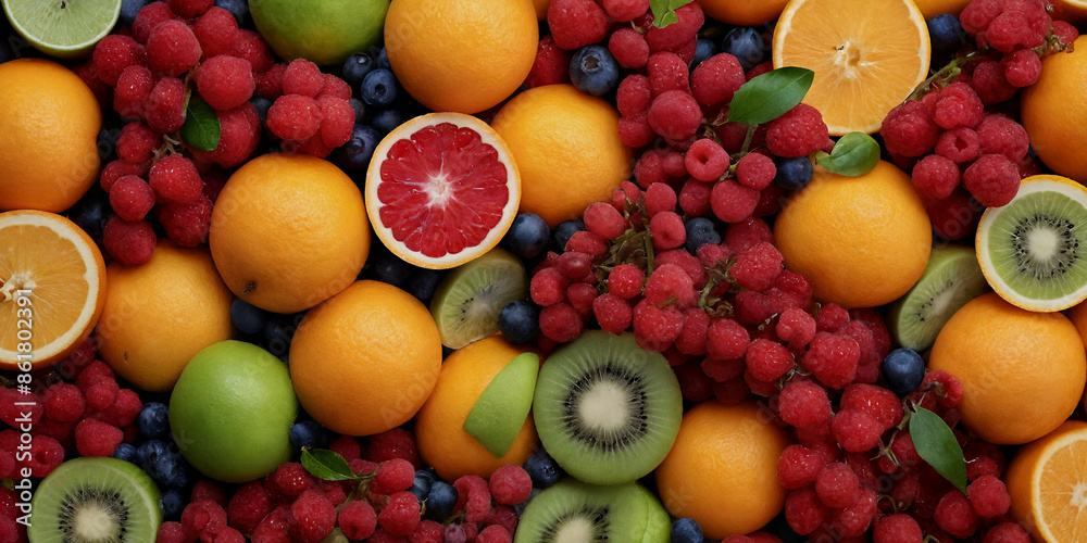 Sommerfrüchte Vielfalt: Eine bunte Mischung aus frischen Orangen, Himbeeren, Kiwis, Äpfeln und Blaubeeren, die eine sommerliche Erfrischung und gesunde Ernährung bieten Sommerfrüchte Vielfalt: Eine bunte Mischung aus frischen Orangen, Himbeeren, Kiwis, Äpfeln und Blaubeeren, die eine sommerliche Erfrischung und gesunde Ernährung bieten