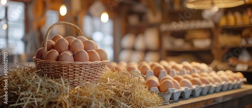 Fresh Farm Eggs in a Basket with Straw and Egg Cartons for Sale photo