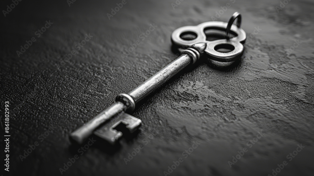 An antique key on a textured black surface. An antique key on a textured black surface.