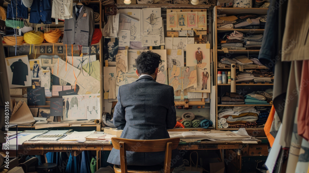 A thoughtful man sits in a tailor's shop, surrounded by sketches of clothes and colorful threads. A thoughtful man sits in a tailor's shop, surrounded by sketches of clothes and colorful threads.