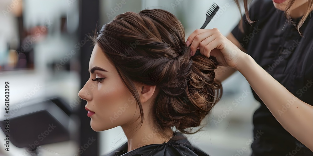 Fototapeta premium Detailed shot of bride getting ready for wedding by hairdresser. Concept Bridal Preparation, Wedding Styling, Hairdressing, Getting Ready, Special Moments