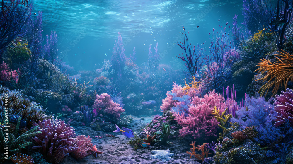 Naklejka premium A vibrant underwater scene features a coral reef teeming with algae. The backdrop is a serene blue, creating a sense of tranquility.