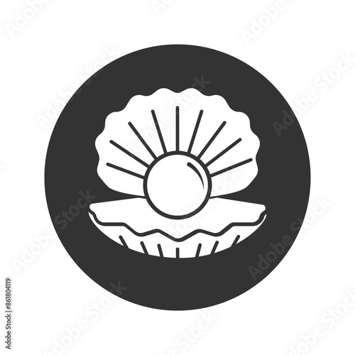 Shell icon with a pearl. Black silhouette of an open oyster with a round pearl. Vector illustration isolated on a white background for design and web