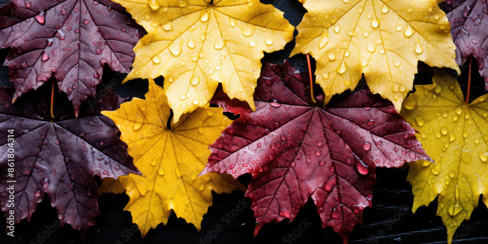 autumn maple leaves on a black background with drops of rain autumn maple leaves on a black background with drops of rain