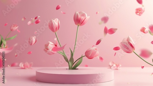 premium podium pedestal template cosmetic falling splay pastel product blossom 3d minimal pink 3d background feminine flower render beauty space presentation nature copy valentine