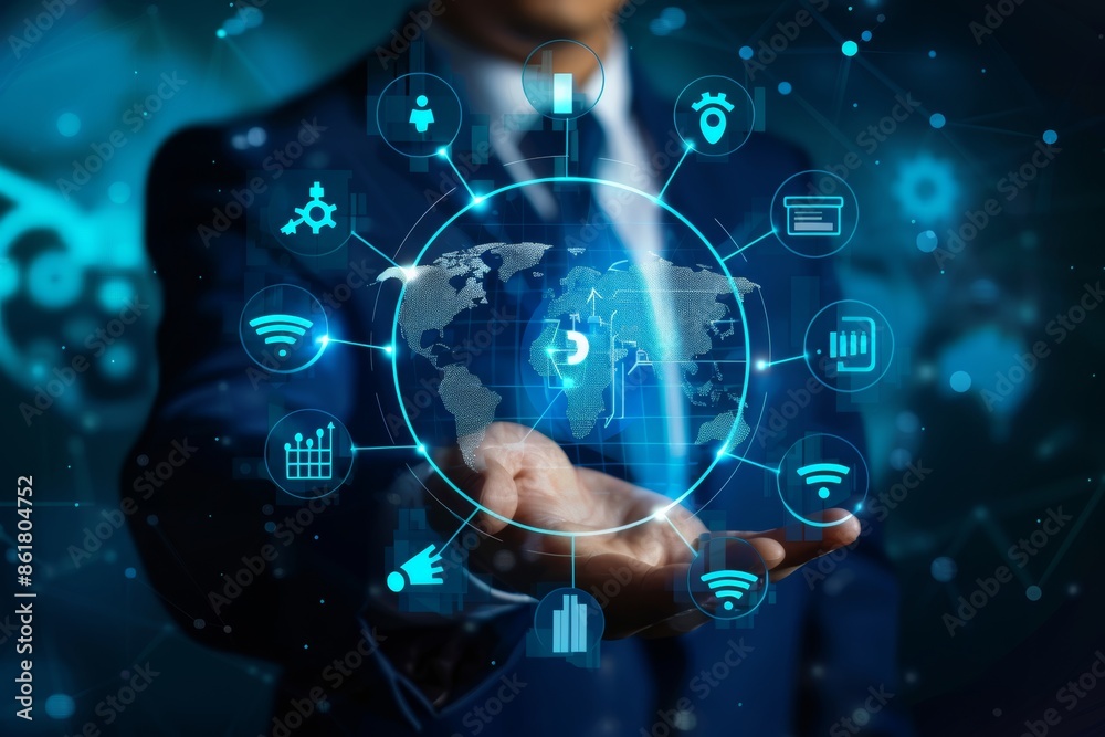 Businessman integrates digital network for seamless global communication in high quality image Businessman integrates digital network for seamless global communication in high quality image