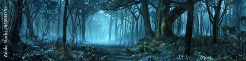 Panoramic view of a mystical, dark forest illuminated by ethereal light, creating an enchanting atmosphere. Free copy space for text.