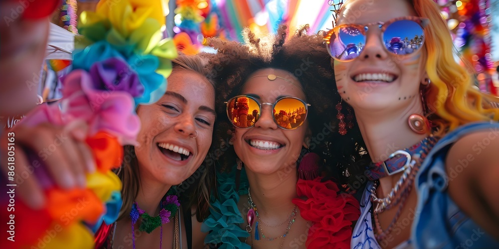 Diverse friends at LGBTQ festival take selfie with colorful booth decorations. Concept Friendship, LGBTQ community, Festival, Diversity, Selfie Diverse friends at LGBTQ festival take selfie with colorful booth decorations. Concept Friendship, LGBTQ community, Festival, Diversity, Selfie