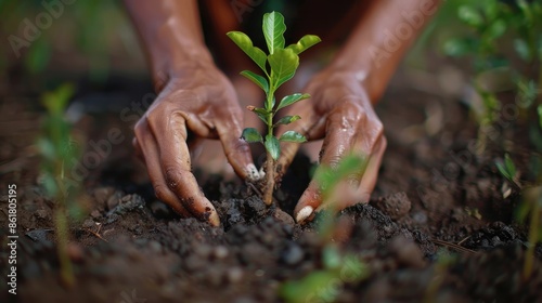 Close-up of hands planting a sapling in rich soil, symbolizing growth, sustainability, and environmental care.