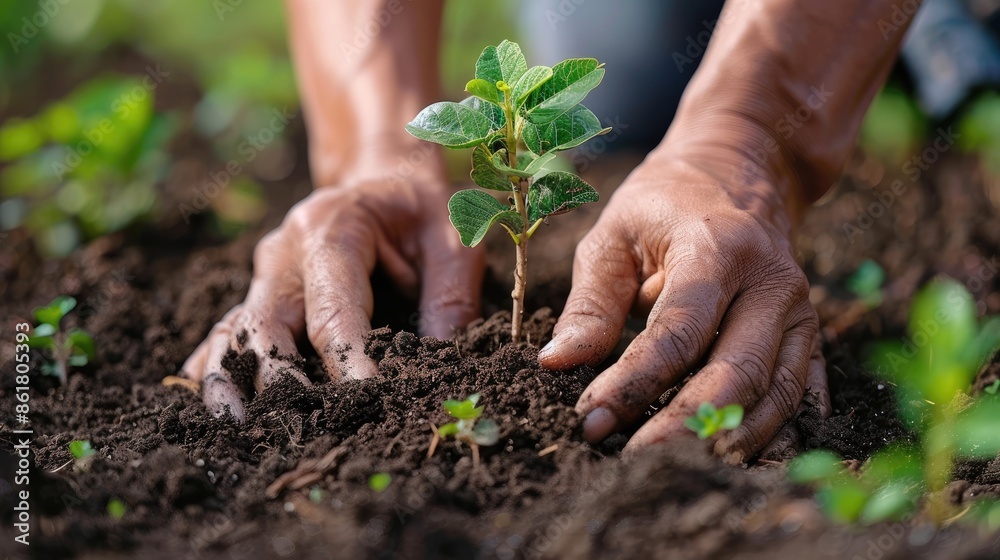 Close-up of hands planting a sapling in rich soil. A symbol of growth, renewal, and environmental stewardship. Close-up of hands planting a sapling in rich soil. A symbol of growth, renewal, and environmental stewardship.