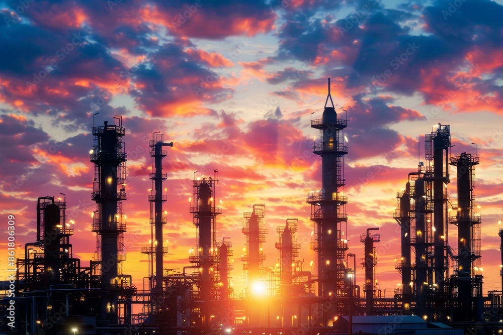 Vivid sunset backdrop for petrochemical plant at an oil and gas refinery setting Vivid sunset backdrop for petrochemical plant at an oil and gas refinery setting