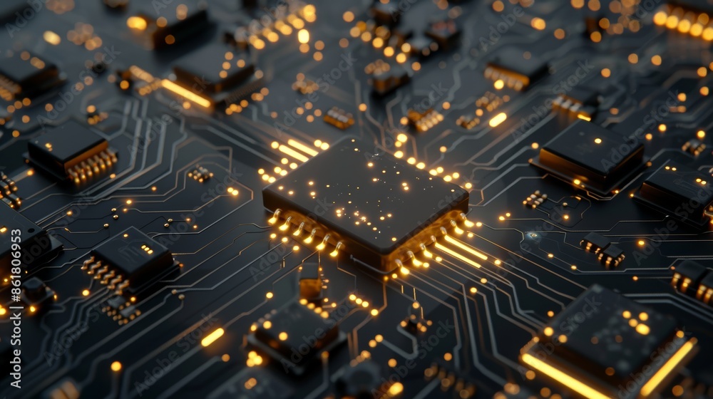 Innovative technology  close up of black pcb with gold connectors in horizontal banner