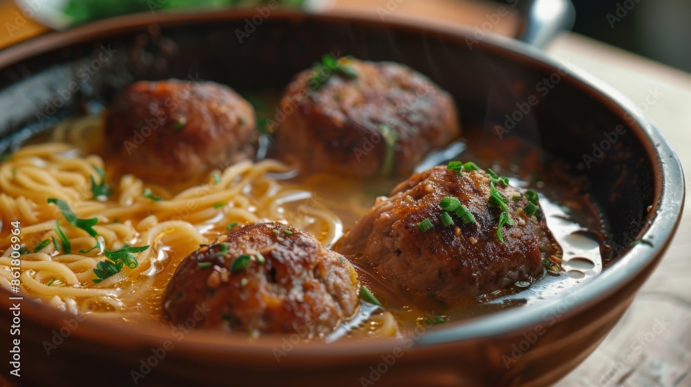 Close up of soup meatballs and noodles in a bowl Close up of soup meatballs and noodles in a bowl