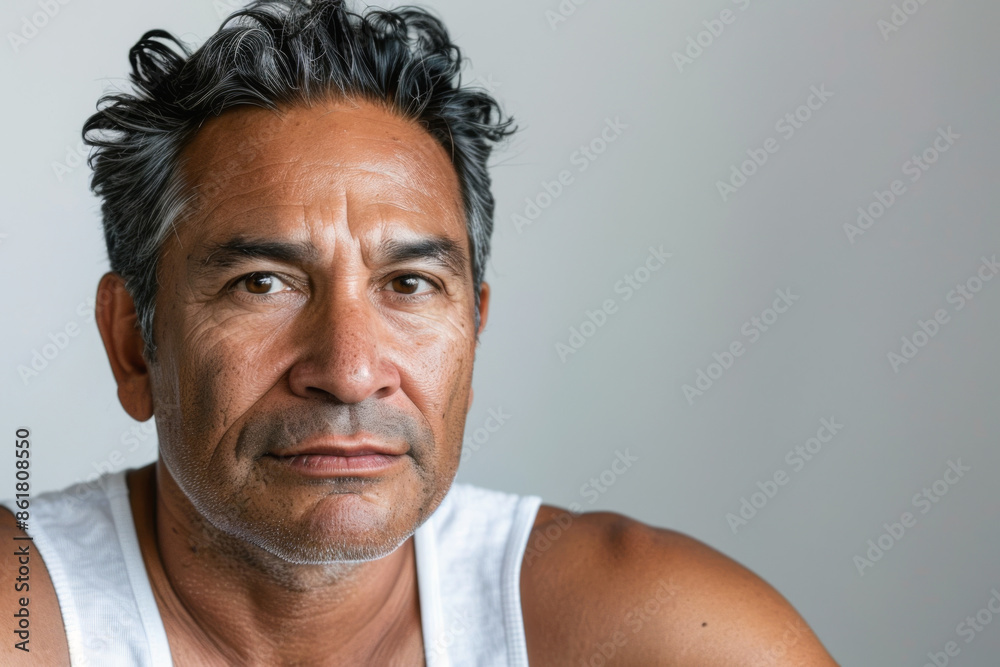 Obraz premium A mature Latino man with graying beard applying face cream and smiling in a bathroom