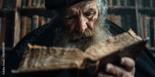 Elderly rabbi with long beard reading Hebrew Bible in synagogue. Concept Religious leader, Wisdom, Tradition, Holy Scriptures, Spiritual practice