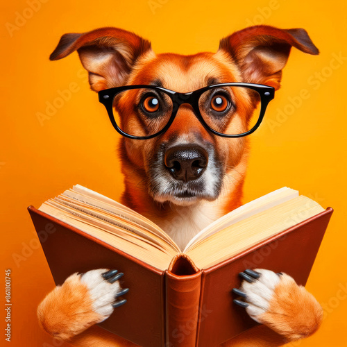 smooth-haired dog with glasses reading a book on a yellow background photo