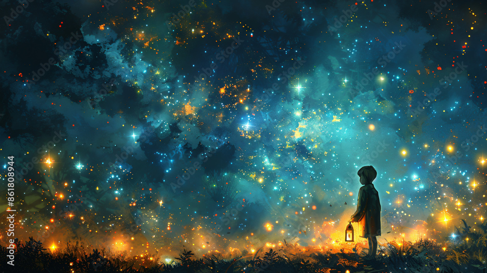 Fantasy scene of the kid holding a lantern Fantasy scene of the kid holding a lantern