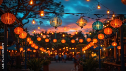 Festive Lanterns and String Lights in a Night Market.