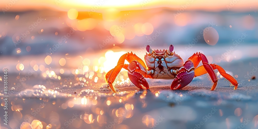 Vibrant crab dancing on beach at sunset in highquality photo. Concept Beach, Sunset, Crab, Vibrant, High Quality Photo Vibrant crab dancing on beach at sunset in highquality photo. Concept Beach, Sunset, Crab, Vibrant, High Quality Photo