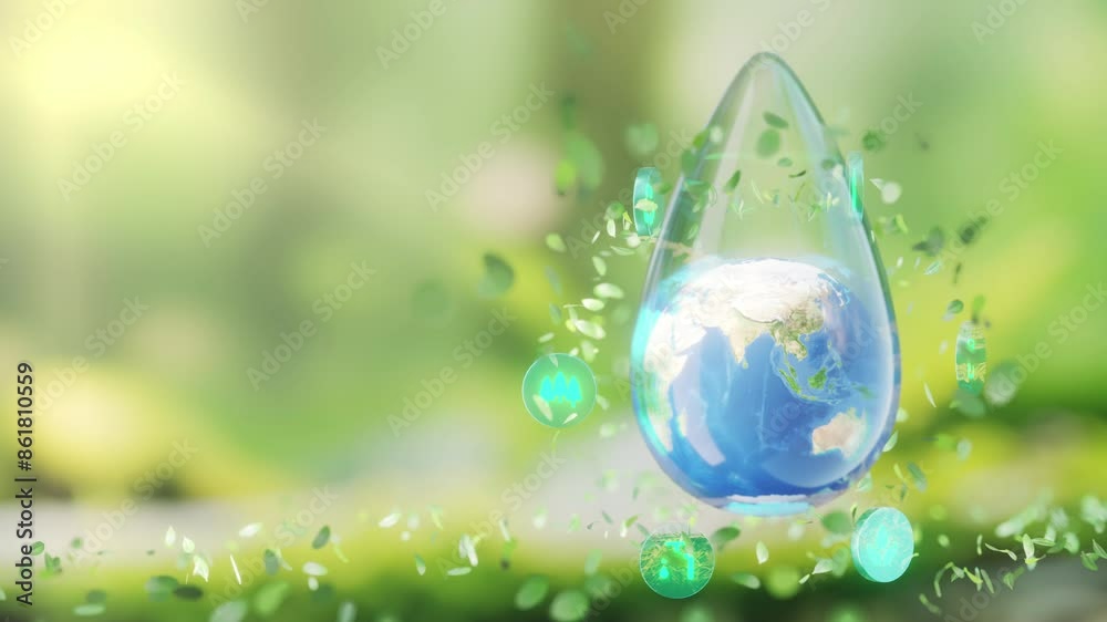 A vibrant image of Earth encapsulated in a water droplet surrounded by green eco-friendly icons, symbolizing environmental sustainability. A vibrant image of Earth encapsulated in a water droplet surrounded by green eco-friendly icons, symbolizing environmental sustainability.