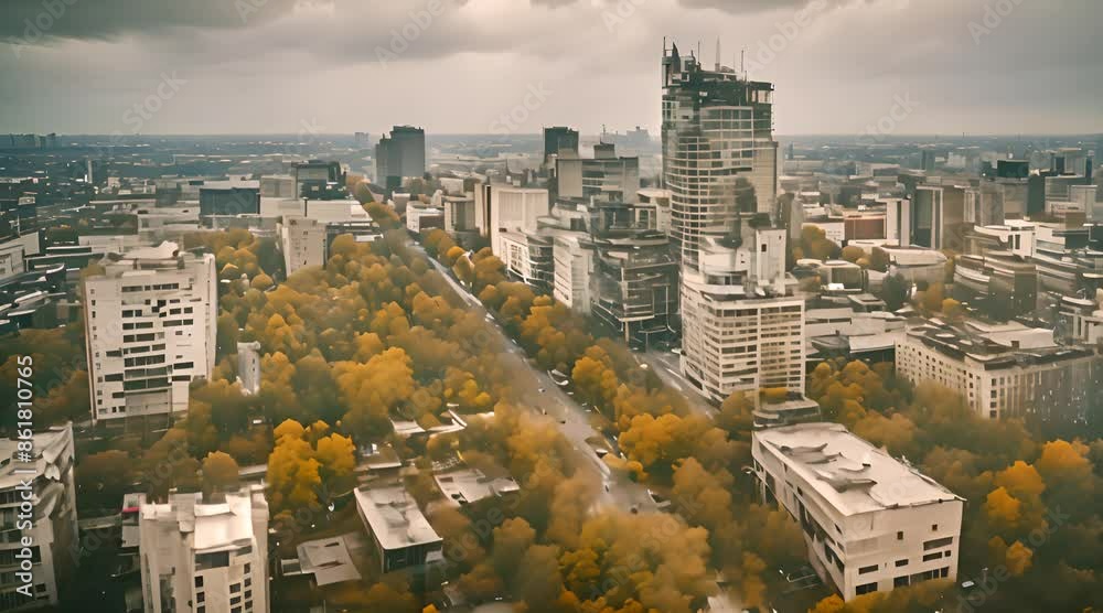 Modern downtown architecture, windy day aerial. Contemporary urban cityscape view, drone cam. Cinematic high-rises swaying slightly under the force of the wind in the heart of the city.
