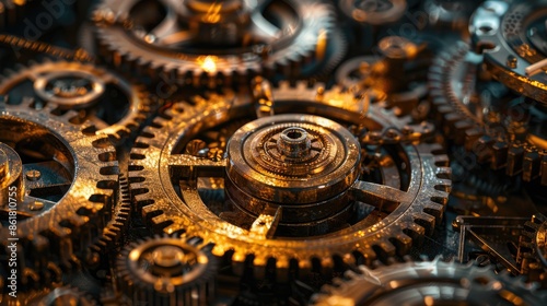 Close-up of intricate metal gears and cogs showcasing detailed mechanical engineering and steampunk art. © Nic