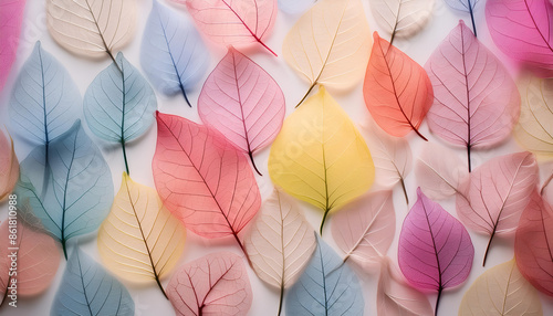 Colorful Skeletonized Leaves Arranged on White Background