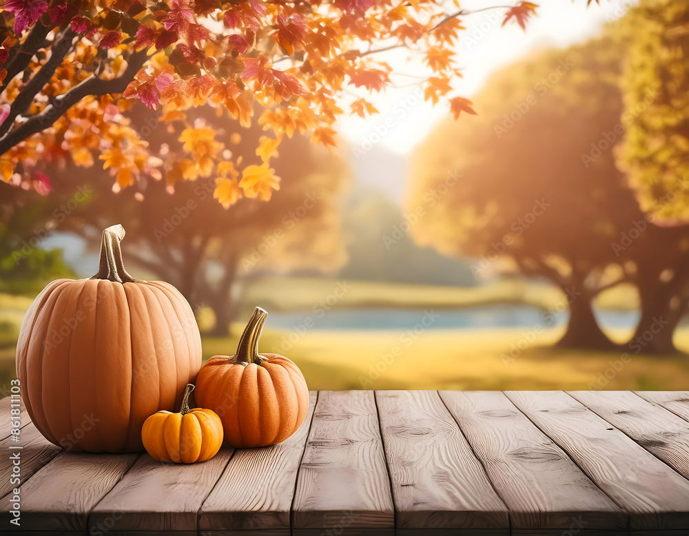 An autumn landscape with pumpkins at a wooden table, harvest An autumn landscape with pumpkins at a wooden table, harvest