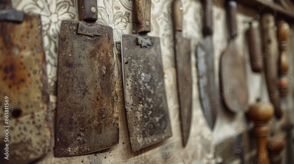 Collection of Rustic Tools Hanging on Weathered Wooden Wall