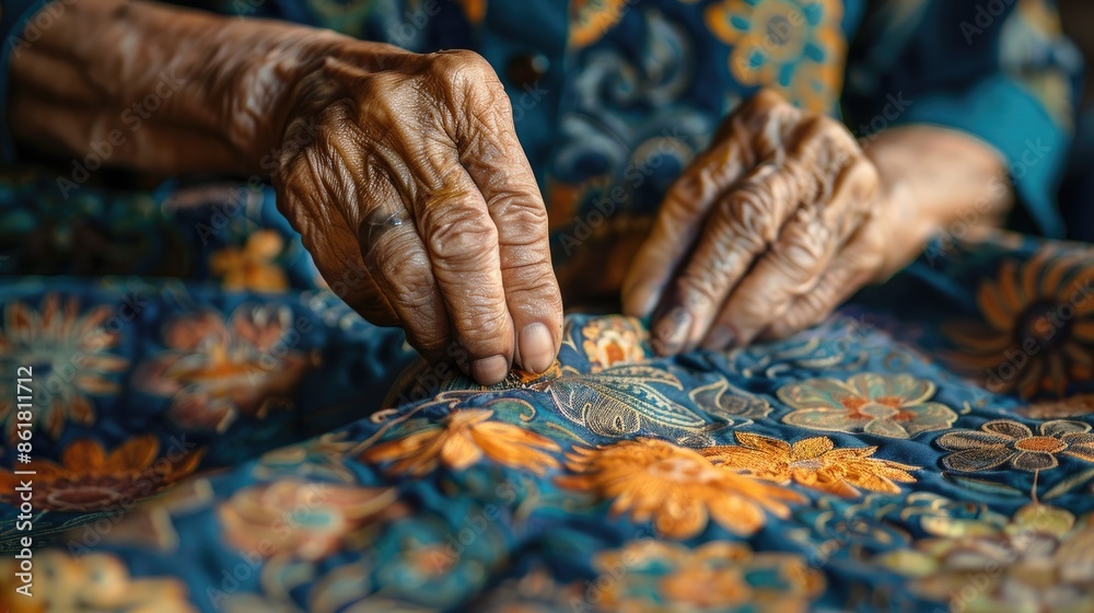 Fototapeta premium Close-up of wrinkled hands working on a patterned fabric, highlighting the detail and texture of aging skin.