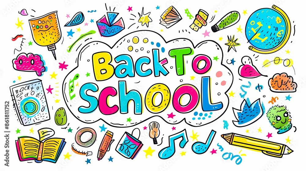 Start School Concept: Supplies on Desk with Rocket Drawn on Blackboard Start School Concept: Supplies on Desk with Rocket Drawn on Blackboard