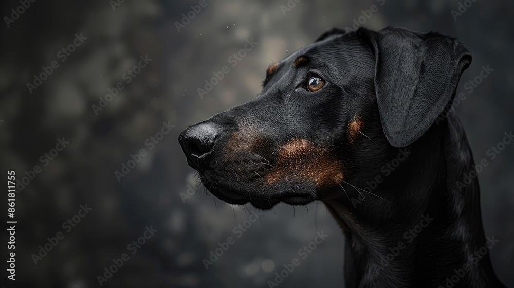 Close-up portrait of a black and tan Doberman Pinscher dog with a dark background, highlighting the dog's features and intense gaze. Close-up portrait of a black and tan Doberman Pinscher dog with a dark background, highlighting the dog's features and intense gaze.