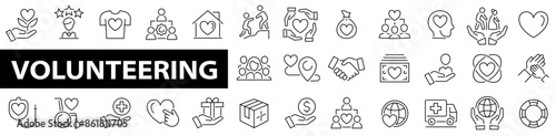Volunteering web icon set. Assistant, donate, donor, doctor, care, help, support, together, charity, community and more. Vector illustration