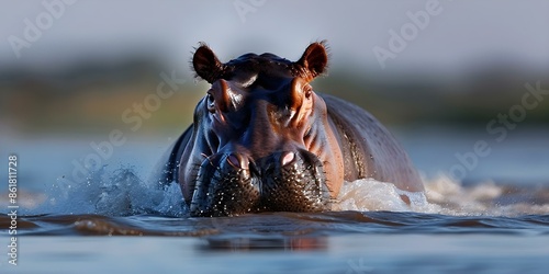 Man in river facing danger from aggressive hippo in African wildlife. Concept Wildlife Photography, African Animals, Adventure Travel, Nature Encounters, Dangerous Encounters photo