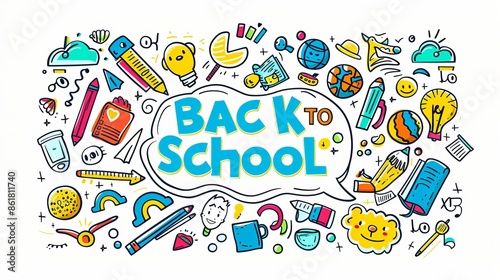 Start School Concept: Supplies on Desk with Rocket Drawn on Blackboard
