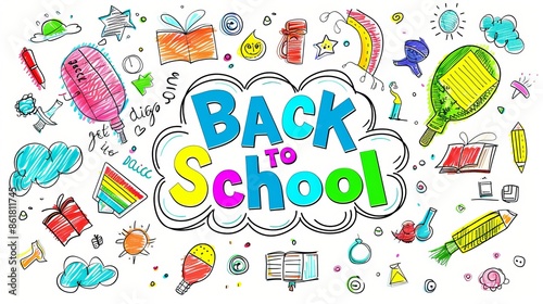Start School Concept: Supplies on Desk with Rocket Drawn on Blackboard