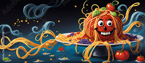  Spaghetti monster pasta flying halloween funny food pastafarian sauce cartoon. Pop spaghetti pasta monster dish scary head art spooky fun meatball humor tomato isolated atheist religious lunch holy.  photo