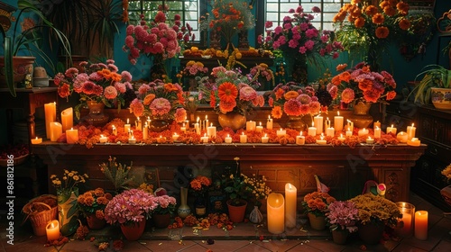Day of the Dead Altar with Candles and Flowers.