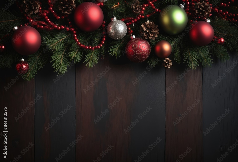 Realistic Christmas wooden background with red ribbons, fairy lights, pine trees and Christmas decoration Realistic Christmas wooden background with red ribbons, fairy lights, pine trees and Christmas decoration