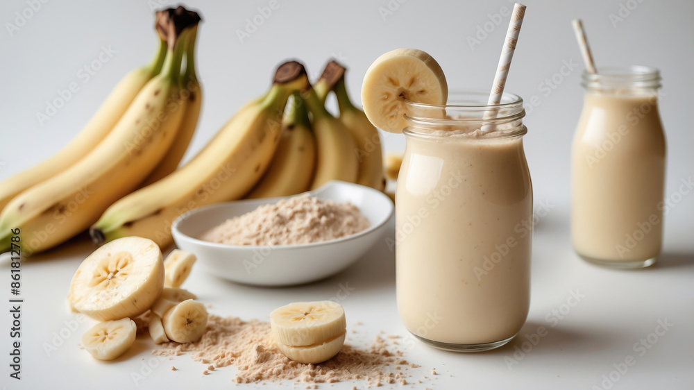 Milk banana protein shake on a light background. Milk banana protein shake on a light background.