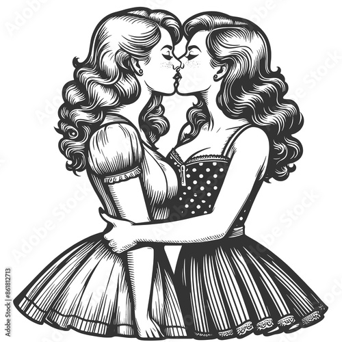 two women in retro fashion, embracing and sharing a kiss, a moment of affection sketch engraving generative ai fictional character raster illustration. Scratch board imitation. Black and white