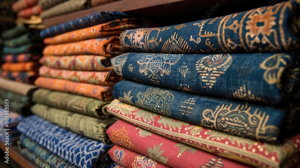 Colorful patterned fabrics stacked on shelves in a store. Colorful patterned fabrics stacked on shelves in a store.
