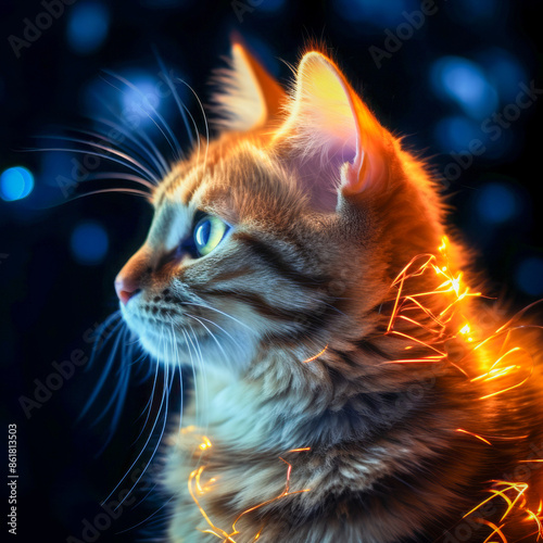 Profile of a cat illuminated by fairy lights against a dark blurry background highlighting its fur and whiskers