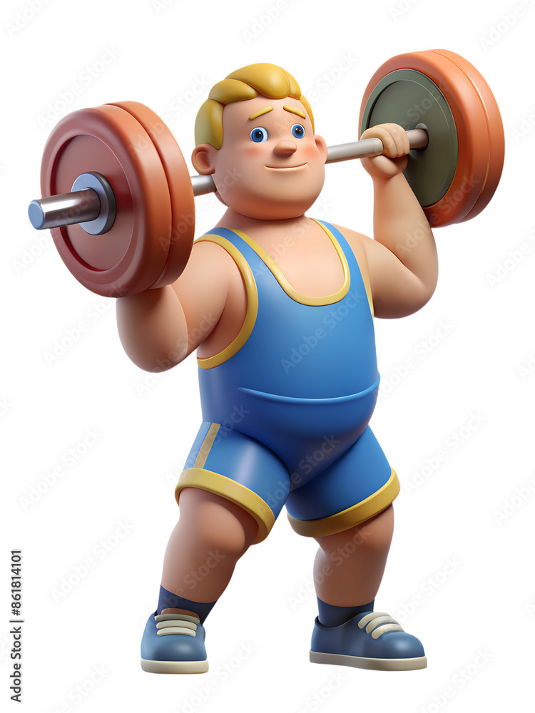 Obraz premium A cartoon weightlifter, dressed in a blue singlet, lifts a barbell with a smile on his face. He is depicted as a happy, muscular man
